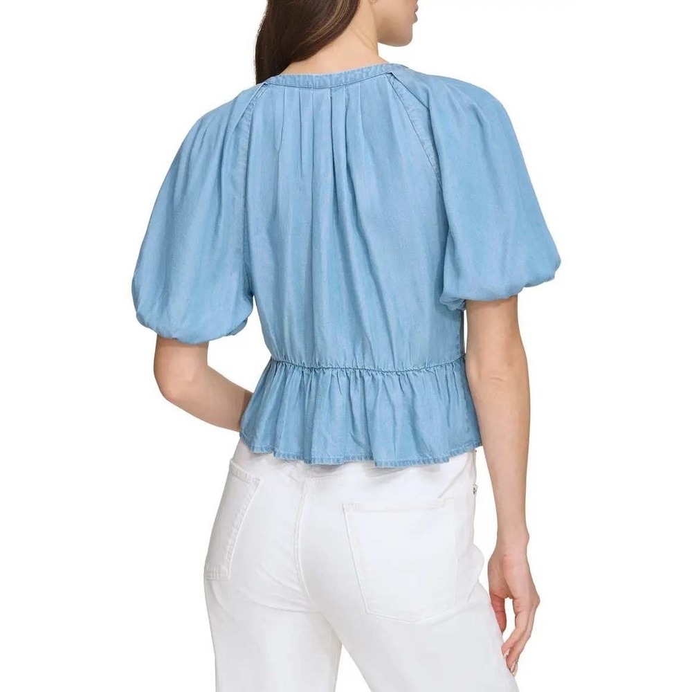 DKNY Front Zip Peplum Chambray Top Womens S Blue Puff Sleeve Lyocell Blouse - Picture 5 of 16